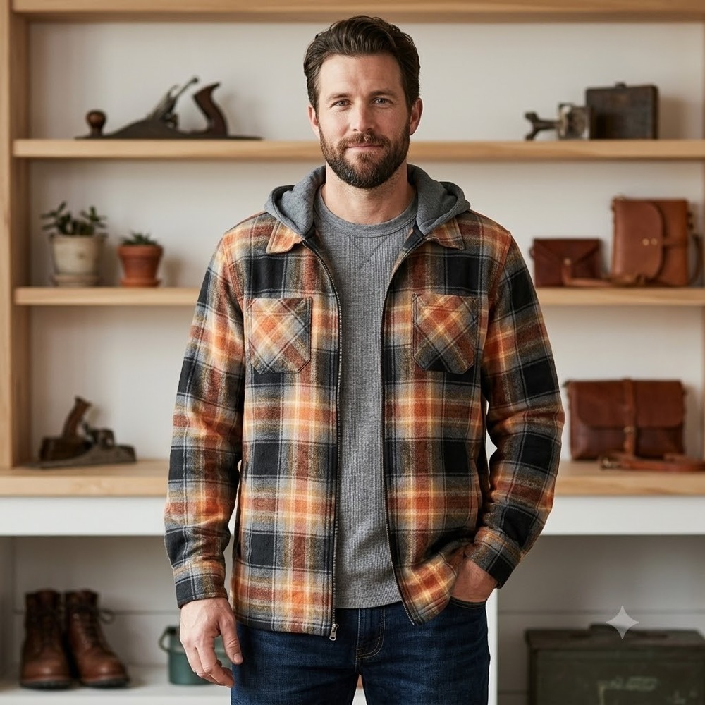 Brooklyn Cloth Mens Plaid Hooded Flannel Shirt Jacket w Pockets Large